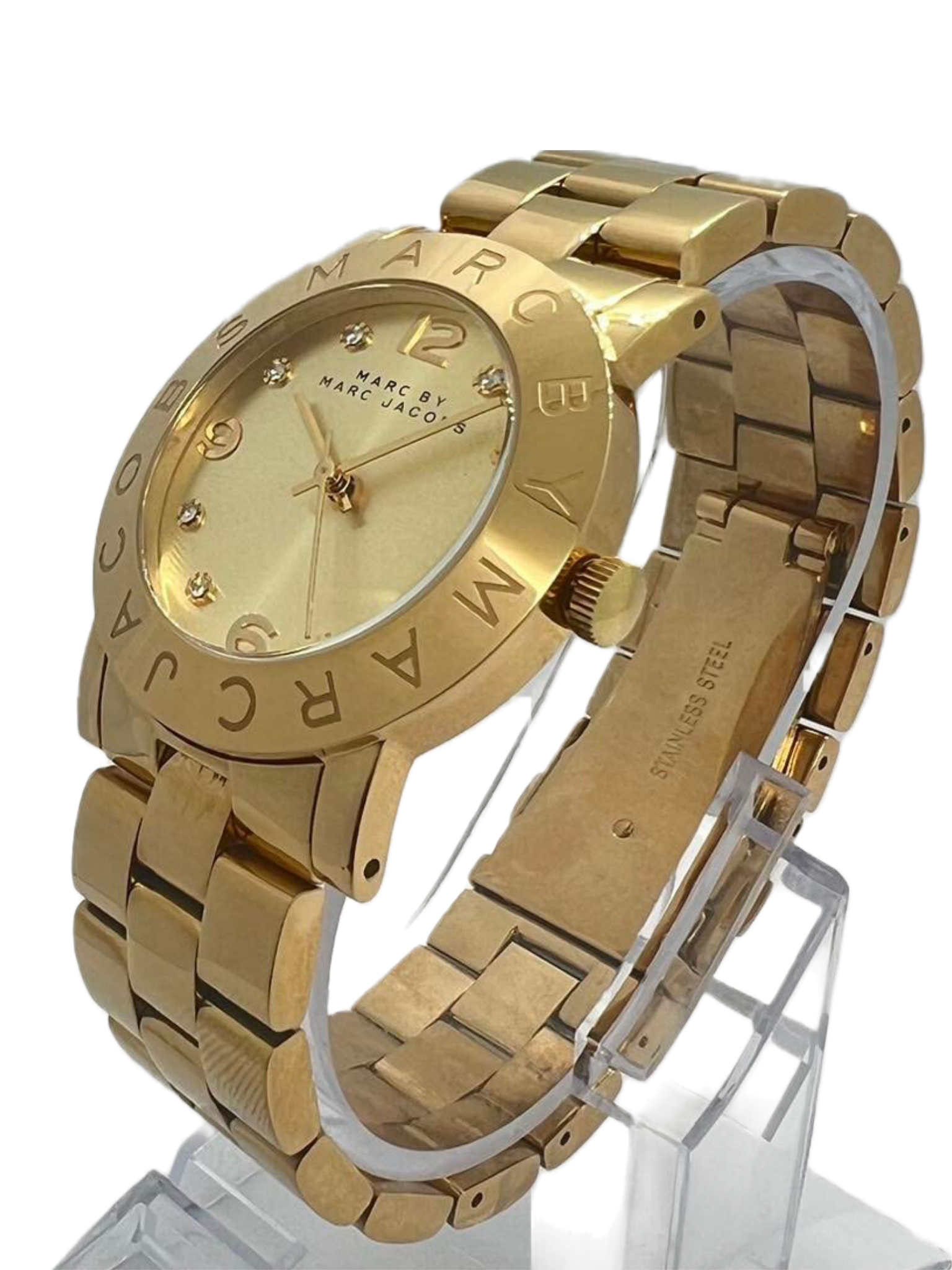Marc by Marc Jacobs Amy watch three-quarter view showing gold-tone metal bracelet and bezel