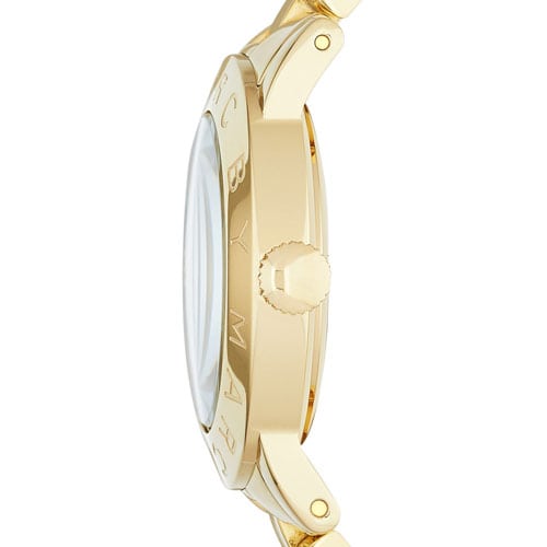 Side view of Marc by Marc Jacobs Amy gold watch showing case profile and bracelet