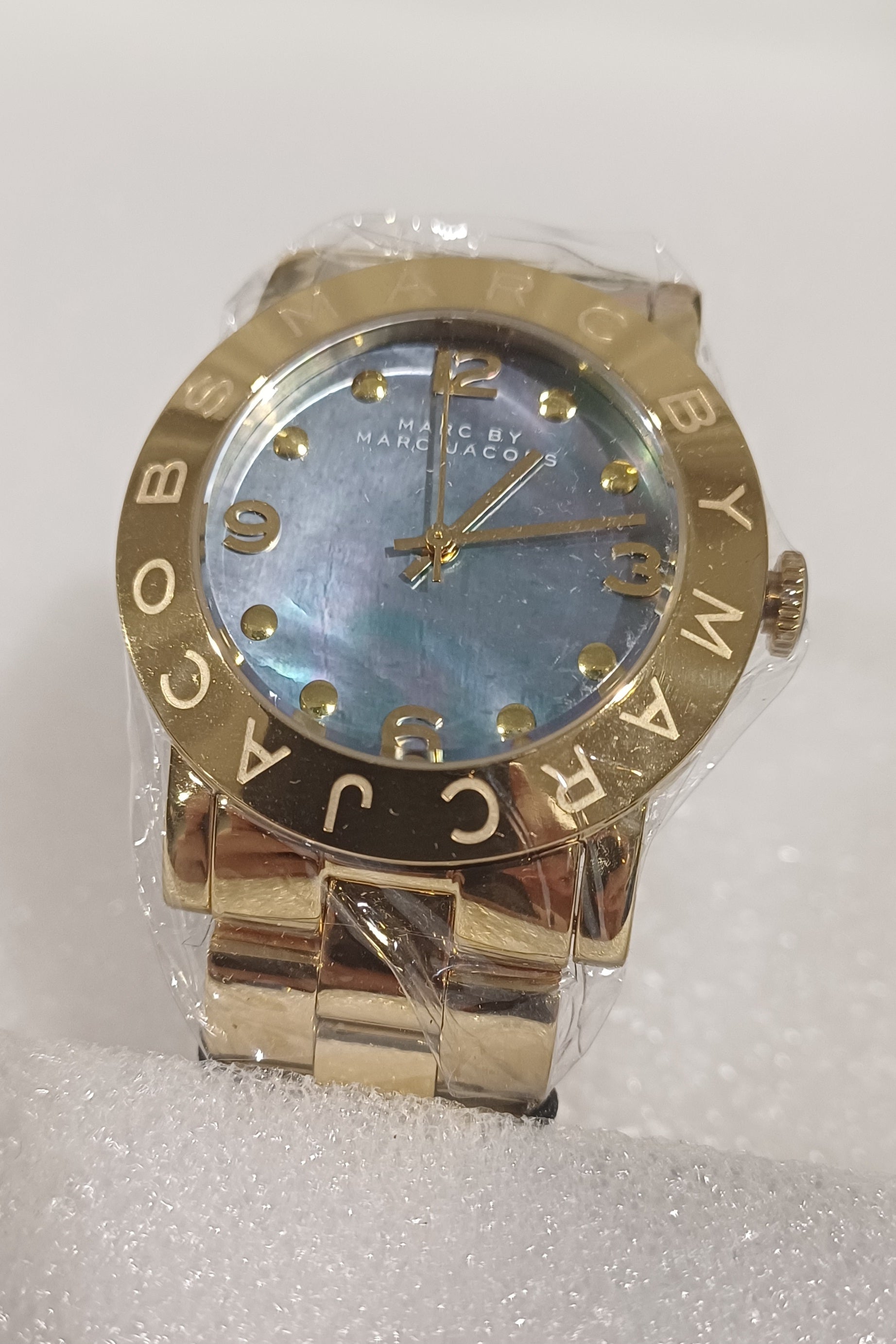 Marc by Marc Jacobs Amy women's gold watch front view showing blue-toned dial detail