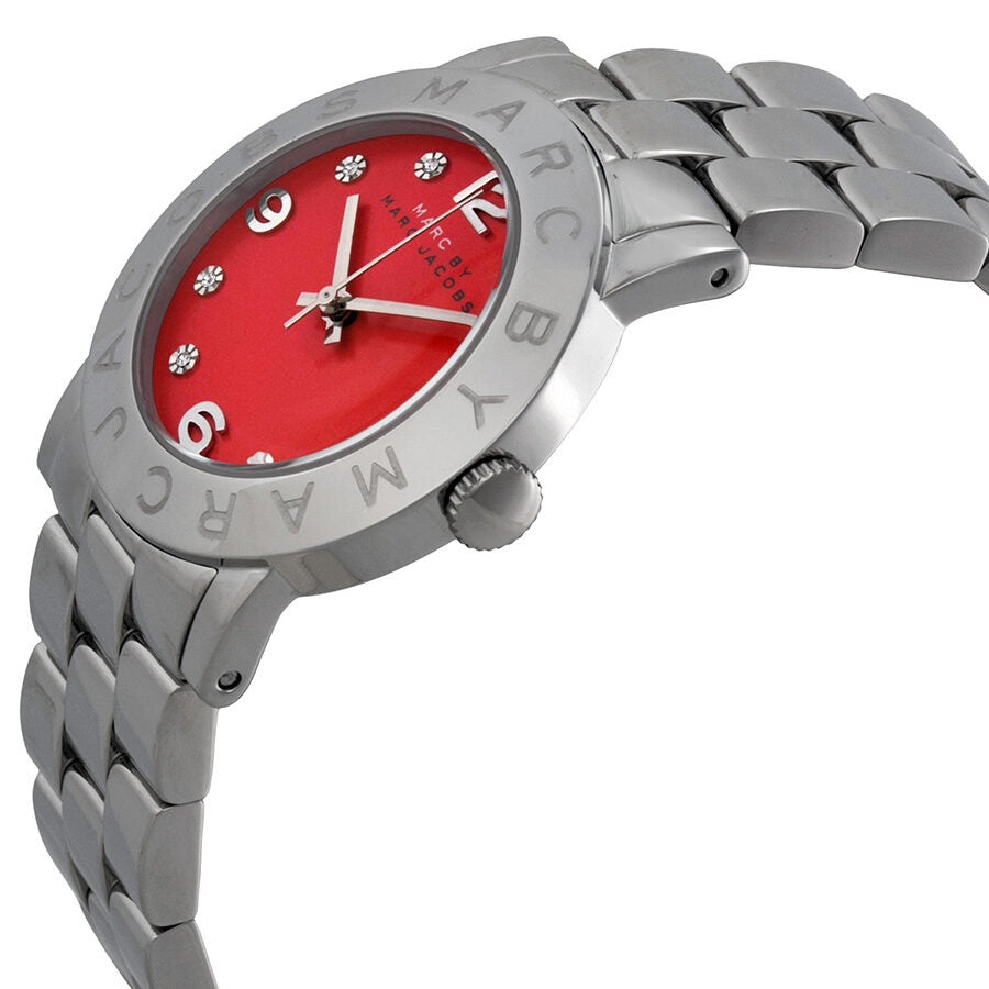 Side angle view of Marc by Marc Jacobs Amy watch with red dial and silver bracelet