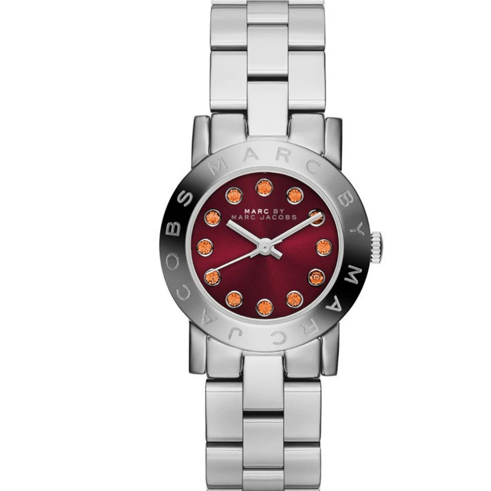 Marc By Marc Jacobs Amy watch with maroon dial and orange markers on silver bracelet