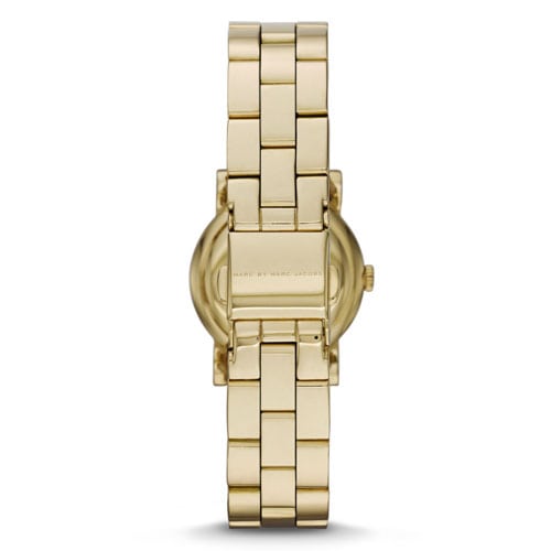 Caseback view of gold-tone stainless steel bracelet and case
