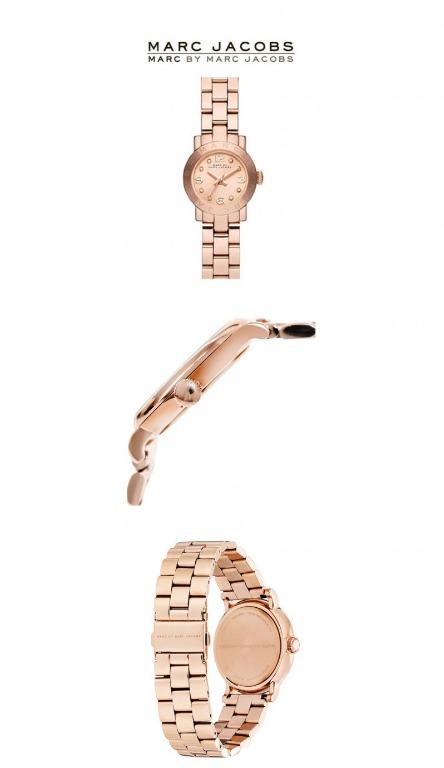 Multiple views of Marc By Marc Jacobs Amy rose gold watch including front, side and back angles