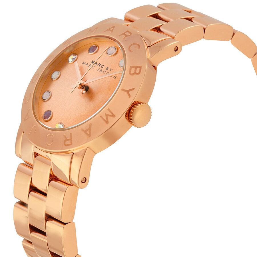Marc by Marc Jacobs Amy Texter watch angled view showing rose gold bracelet and rose dial