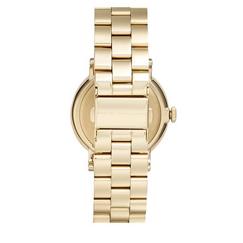 Caseback view of Marc By Marc Jacobs Baker MBM8631 with gold-tone case and bracelet