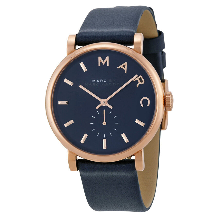 Marc By Marc Jacobs Baker MBM1329 angled view showing rose gold case and navy leather strap