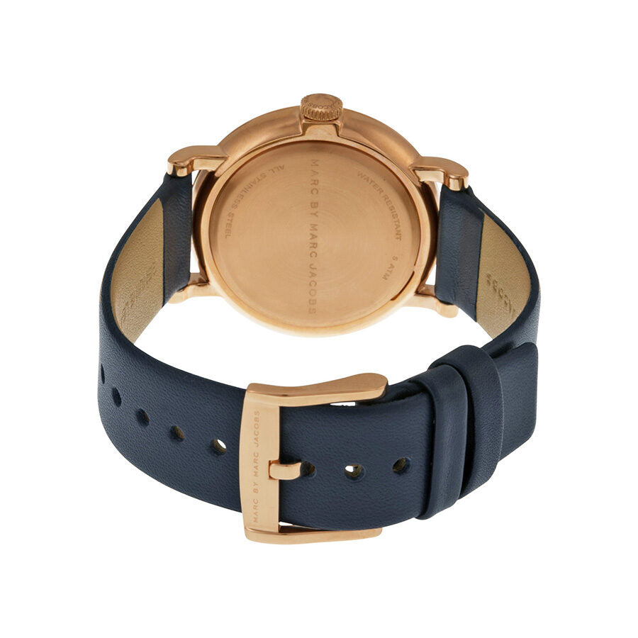 Marc By Marc Jacobs Baker caseback showing rose gold case and navy leather strap