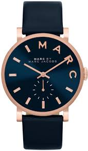 Marc By Marc Jacobs Baker watch with navy dial and rose gold case on navy leather strap