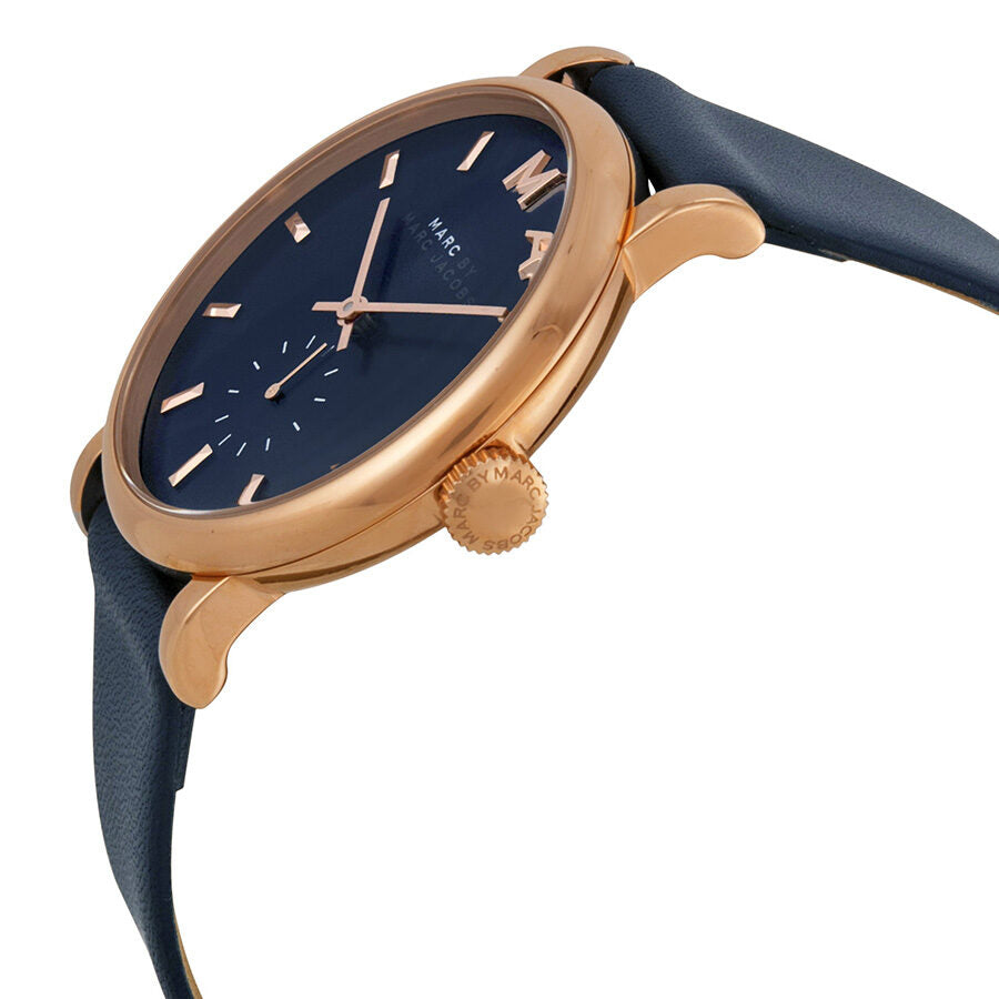 Marc By Marc Jacobs Baker side view with navy dial, rose gold bezel, and navy leather strap