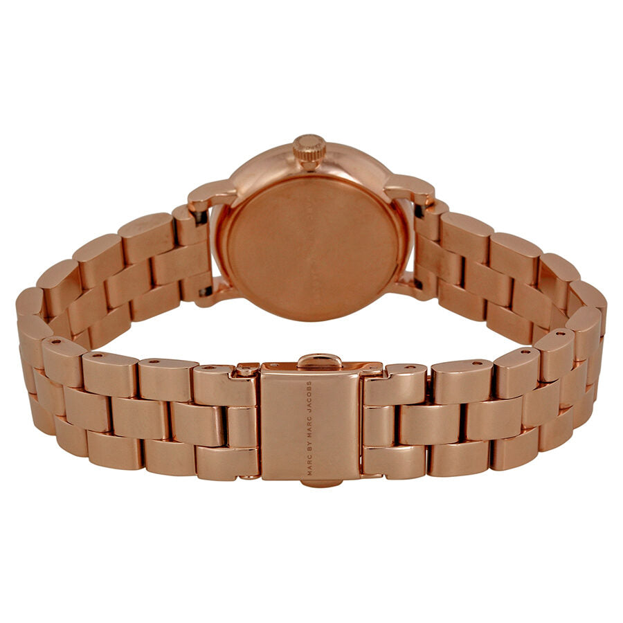Back of Baker watch case showing rose gold caseback and bracelet clasp