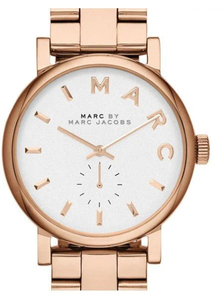 Close-up of Baker watch face with rose gold index markers and subdial