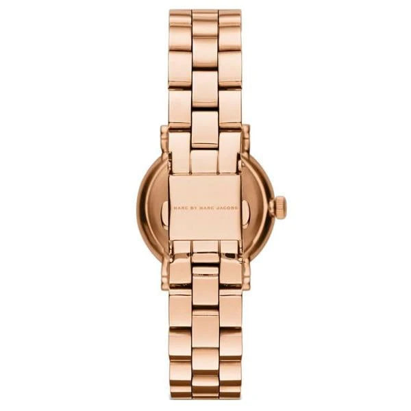 Baker watch side view showing rose gold case profile and linked bracelet
