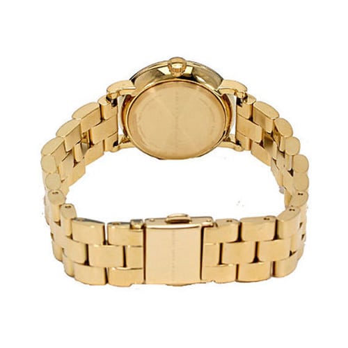 Back view of Baker mini watch displaying gold-tone stainless steel caseback and bracelet