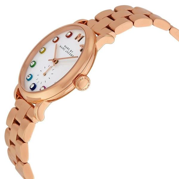 Marc by Marc Jacobs Baker watch at angle showing case, white dial, and rose gold bracelet