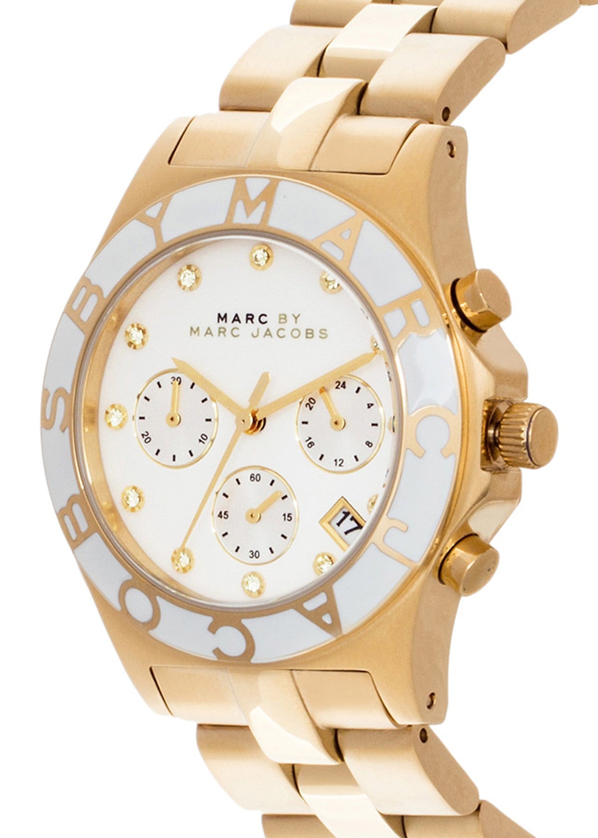 Marc By Marc Jacobs Blade watch angled view showing gold-plated case and link bracelet