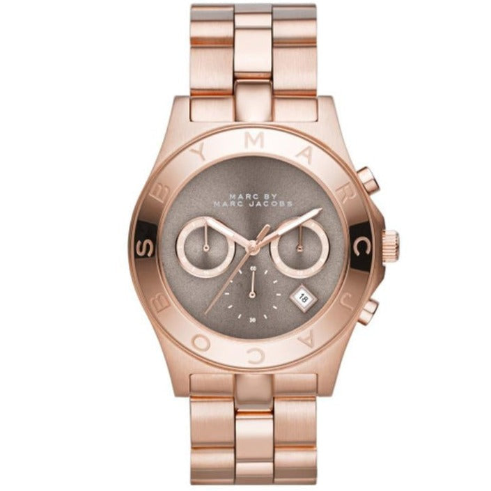 Front view of Marc by Marc Jacobs Blade MBM3308 chronograph with taupe dial and rose gold case