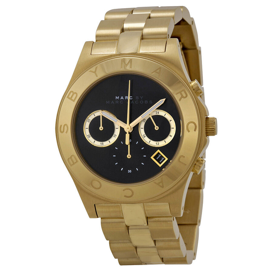 Marc By Marc Jacobs Blade watch at angle showing gold-tone bracelet and black dial