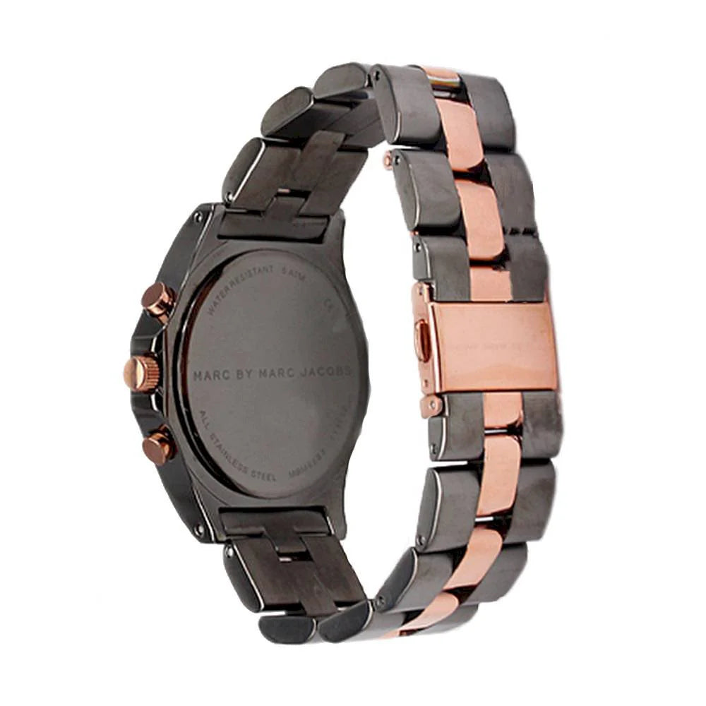 Side view of Marc by Marc Jacobs Blade watch showing two-tone stainless steel bracelet and case