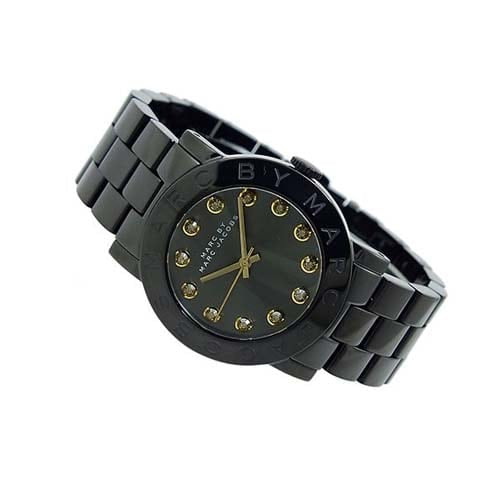 Marc By Marc Jacobs Blade women's watch angled view showing black bracelet and black dial with gold accents