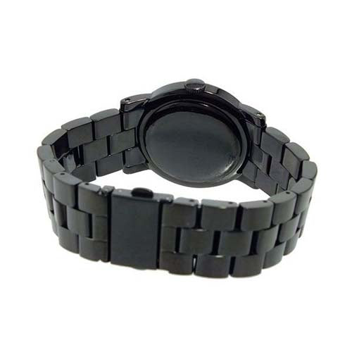 Marc By Marc Jacobs Blade watch caseback and side view showing black stainless steel bracelet