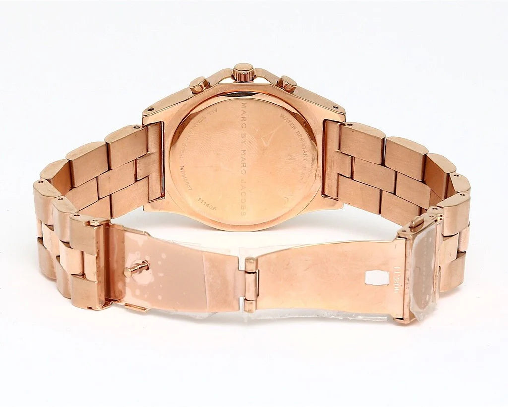 Rose gold caseback of Marc By Marc Jacobs Blade MBM8637 chronograph watch