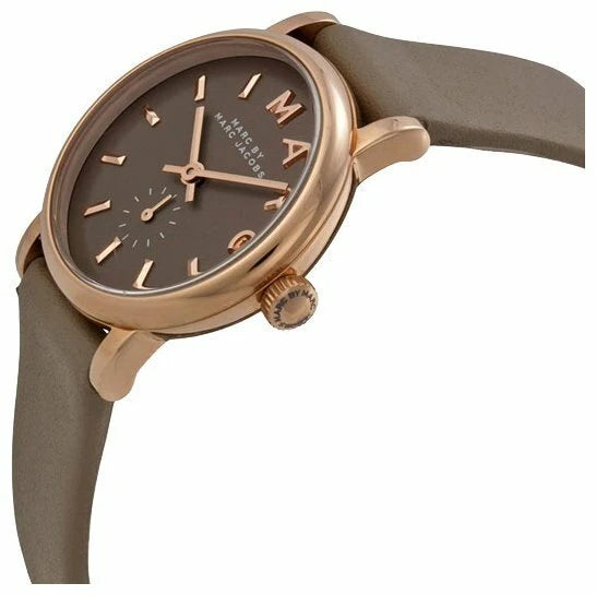 Baker women's watch on wrist showing rose gold case with grey dial and grey strap