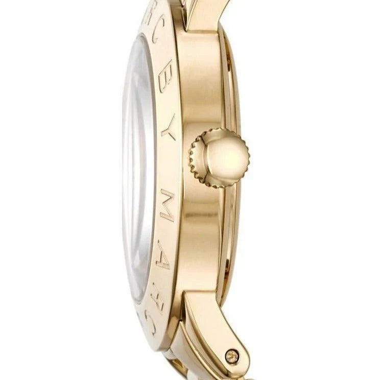 Side profile of gold-tone steel case and bracelet with crown detail