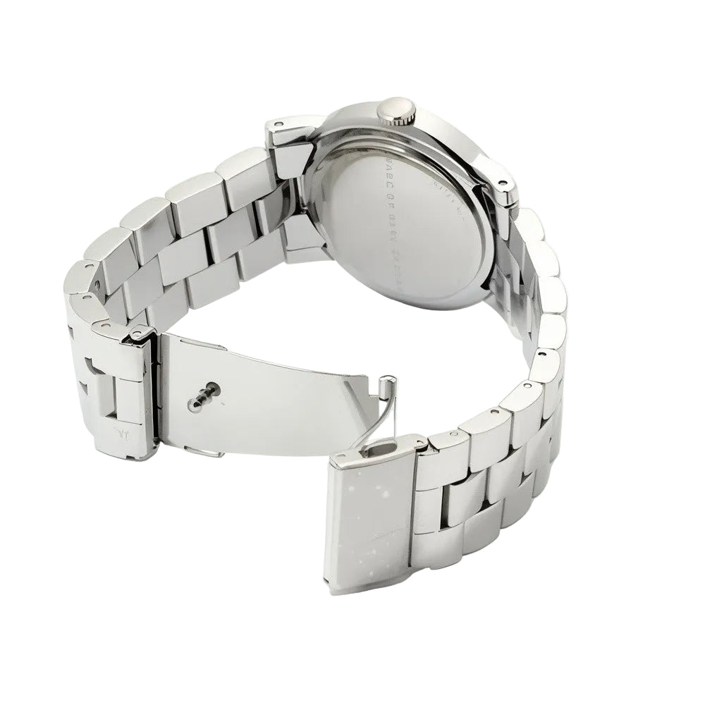 Side view of Marc By Marc Jacobs Amy watch showing silver bracelet and caseback