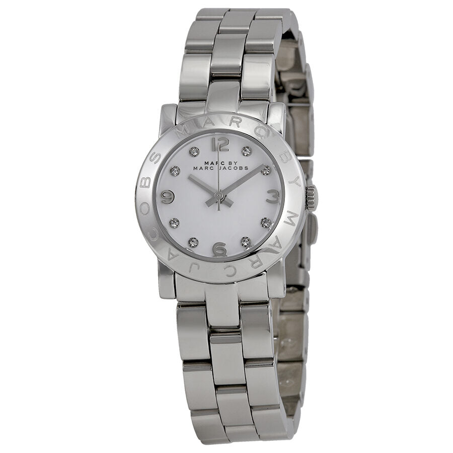 Marc by Marc Jacobs Mini Amy watch angled view showing white dial and steel bracelet