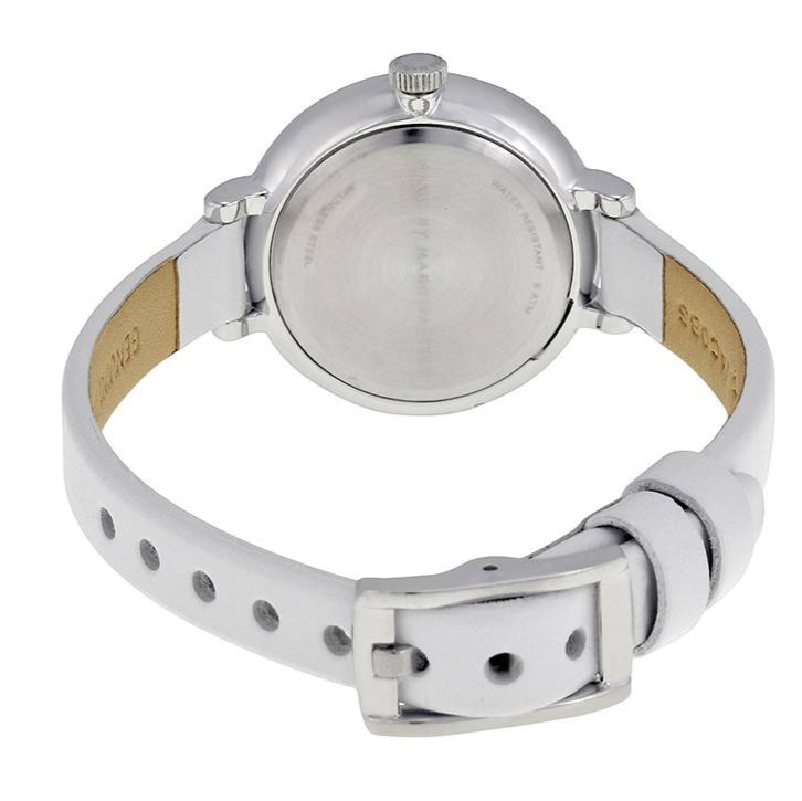 Caseback view of Sally watch showing white leather strap and silver case