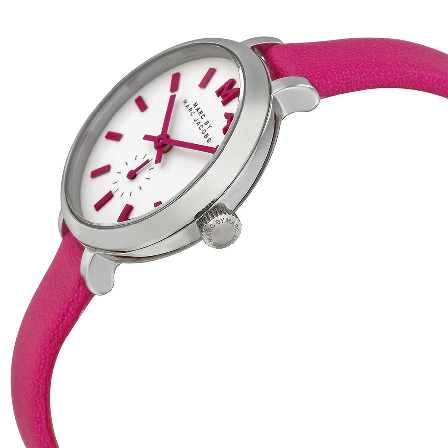 Side view of Sally watch showing white dial and hot pink leather strap