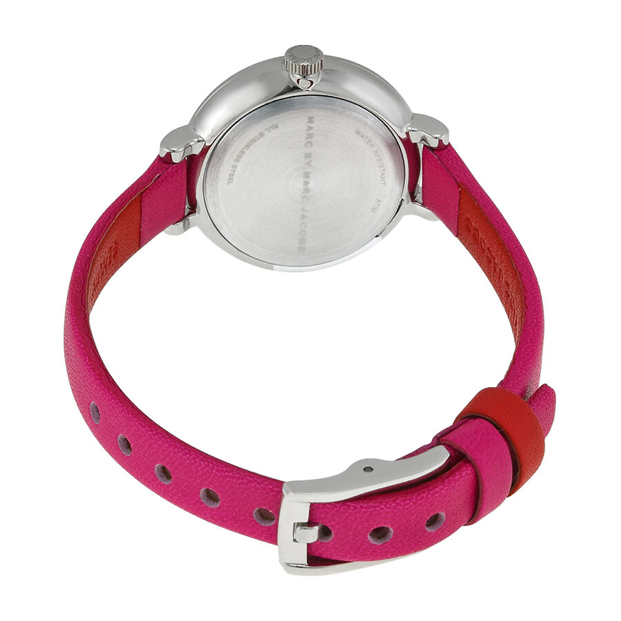 Back view of Sally watch showing case back and hot pink leather strap with adjustable clasp