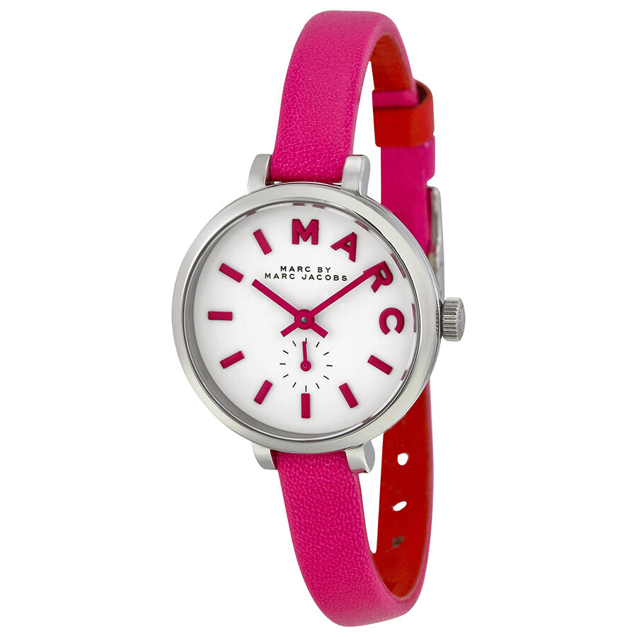Marc by Marc Jacobs Sally watch with white dial, hot pink leather strap, and magenta dial markers