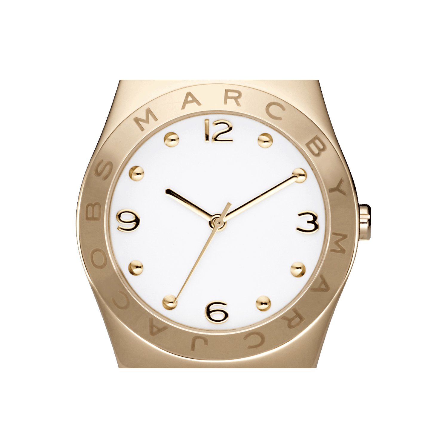 Close-up of Amy watch dial showing white face with gold Arabic numerals and Marc By Marc Jacobs branding