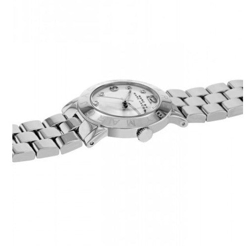 Marc Jacobs Amy women's watch side profile with white dial and stainless steel strap