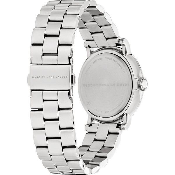 Marc Jacobs Baker watch caseback view with silver stainless steel link bracelet