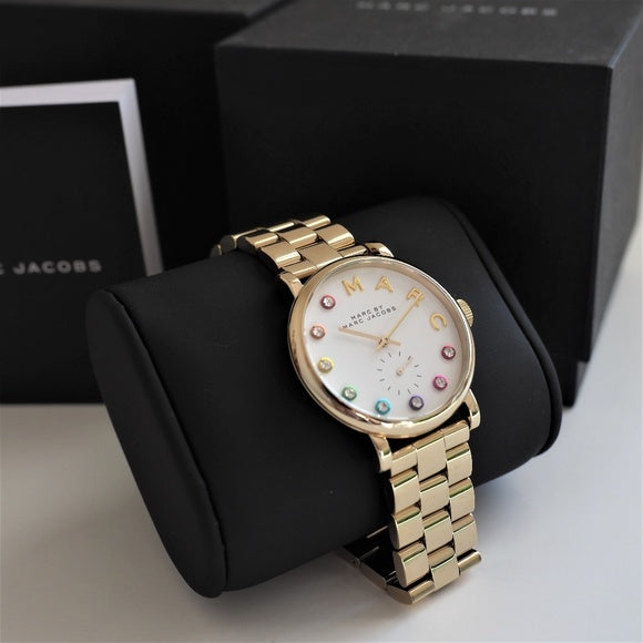 Marc Jacobs Baker watch displayed in black branded box with tissue paper packaging