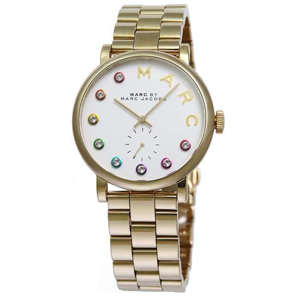 Marc Jacobs Baker white dial gold watch with colorful stone markers and MARC JACOBS branding