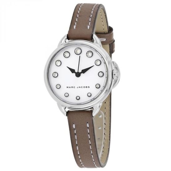 Side view of Marc Jacobs Betty MJ1480 watch showing brown leather strap