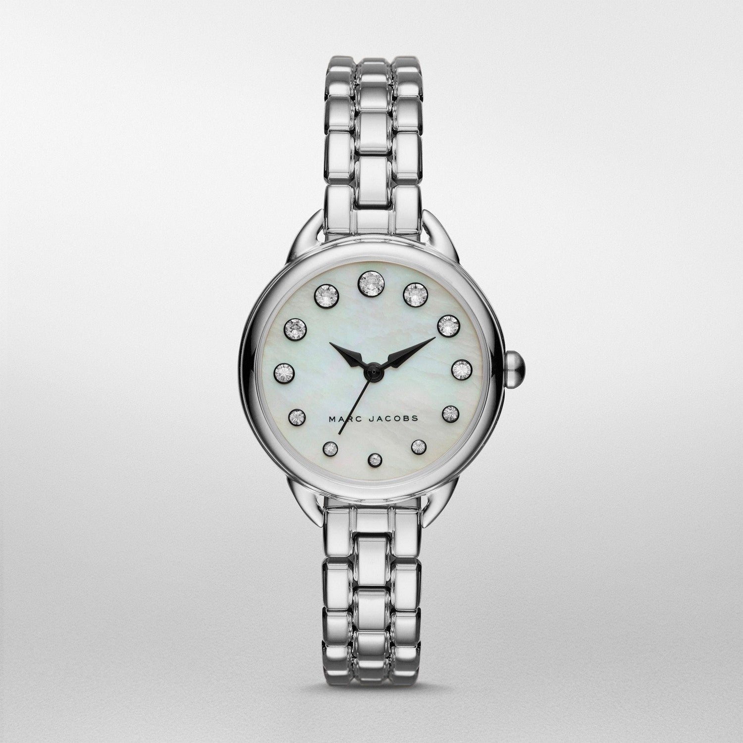 Marc Jacobs Betty MJ3510 three-quarter view showcasing mother of pearl dial and bracelet