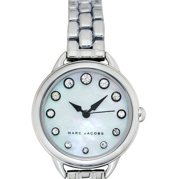 Closeup of Marc Jacobs Betty dial with mother of pearl and diamond hour markers
