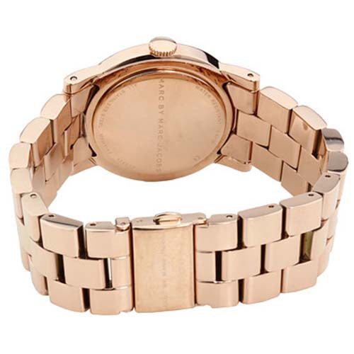 Caseback view of Marc by Marc Jacobs Blade women's watch with rose gold finish