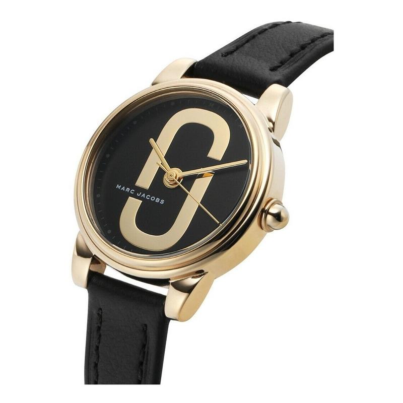 Angled view of Marc Jacobs Corie MJ1580 watch with black leather strap