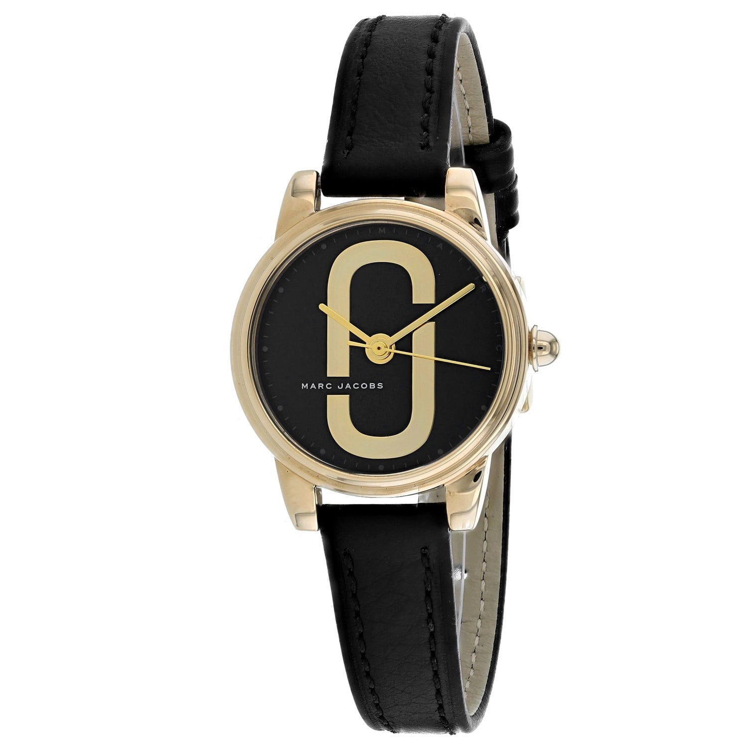 Side angle view of Marc Jacobs Corie women's watch with black leather strap