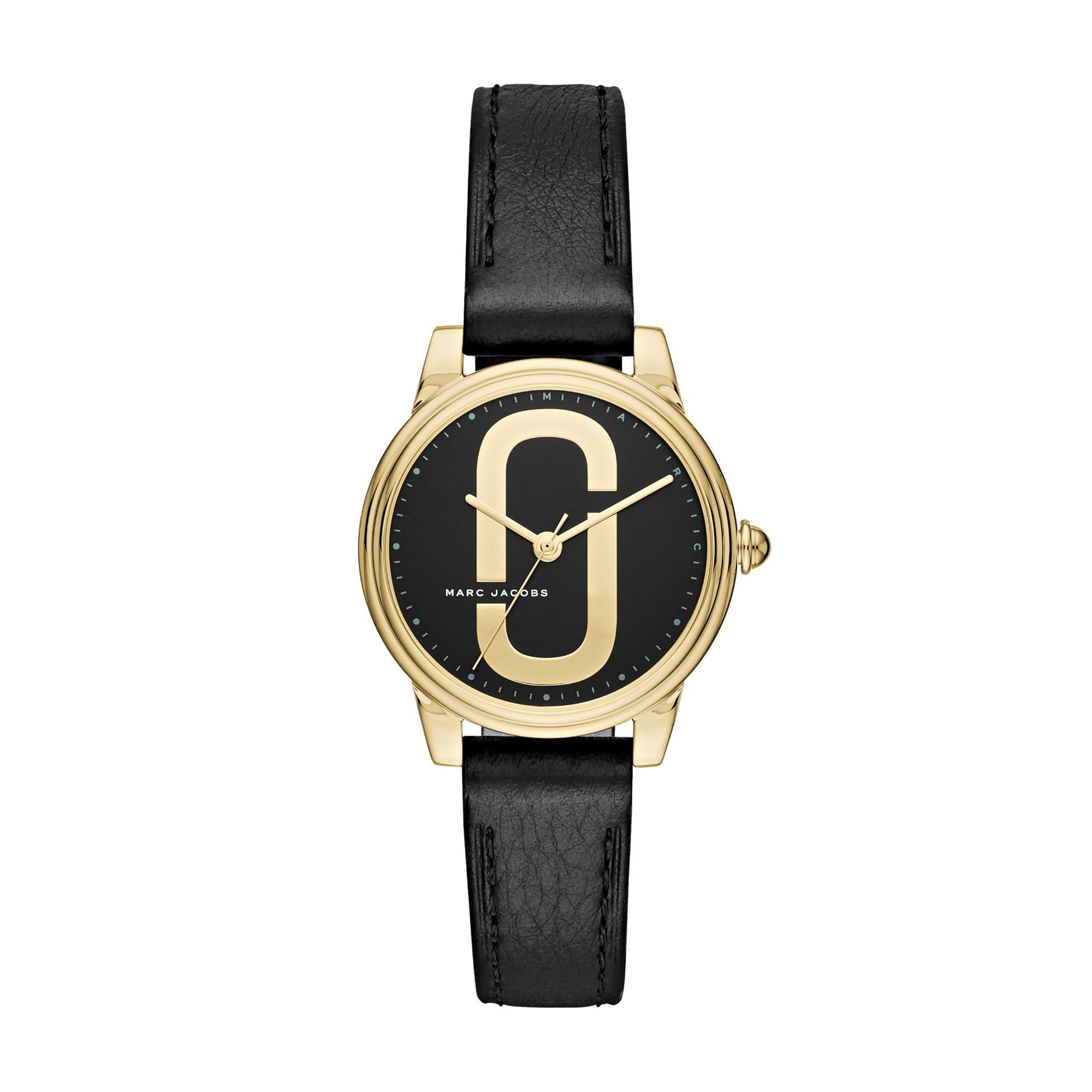 Front view of Marc Jacobs Corie MJ1580 watch with black dial and gold logo