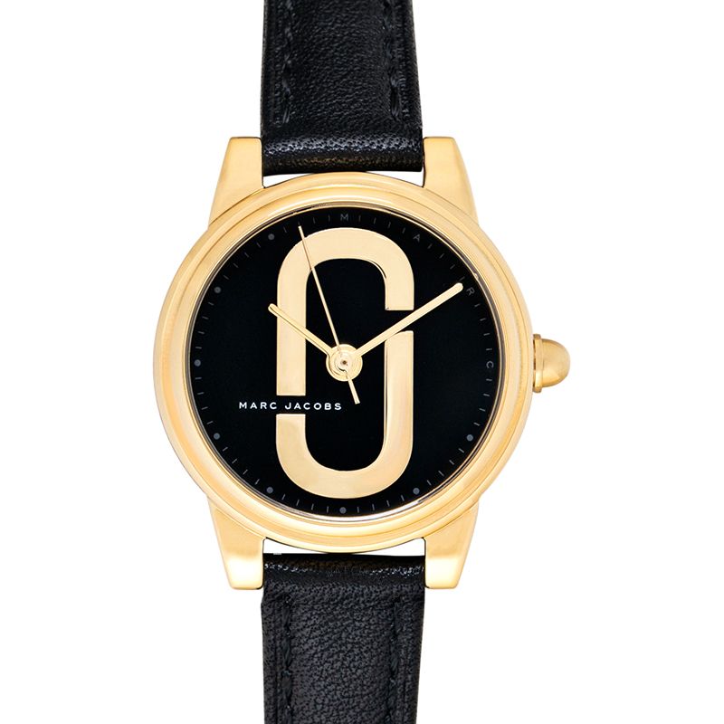 Marc Jacobs Corie MJ1580 watch front with prominent gold initials on black face
