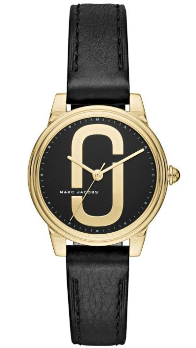 Marc Jacobs Corie watch with black dial, gold-tone case and black leather strap