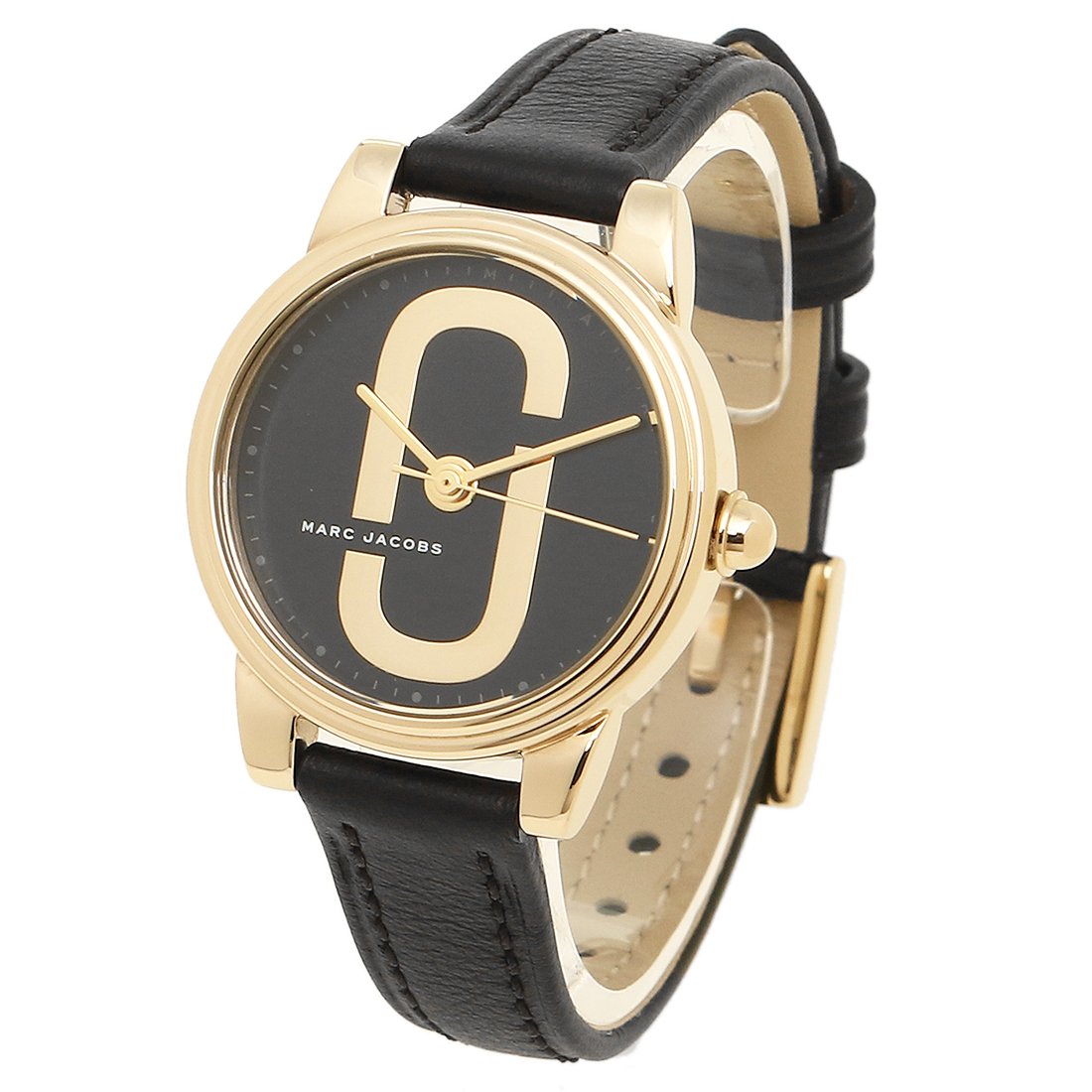 Marc Jacobs Corie MJ1580 watch worn on wrist with black leather strap visible