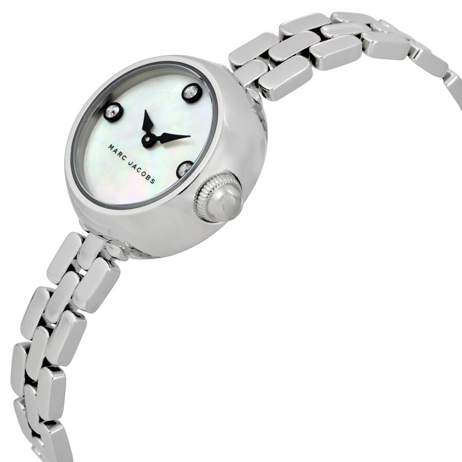 Marc Jacobs Courtney MJ3459 watch shown at angle displaying crown and bracelet detail
