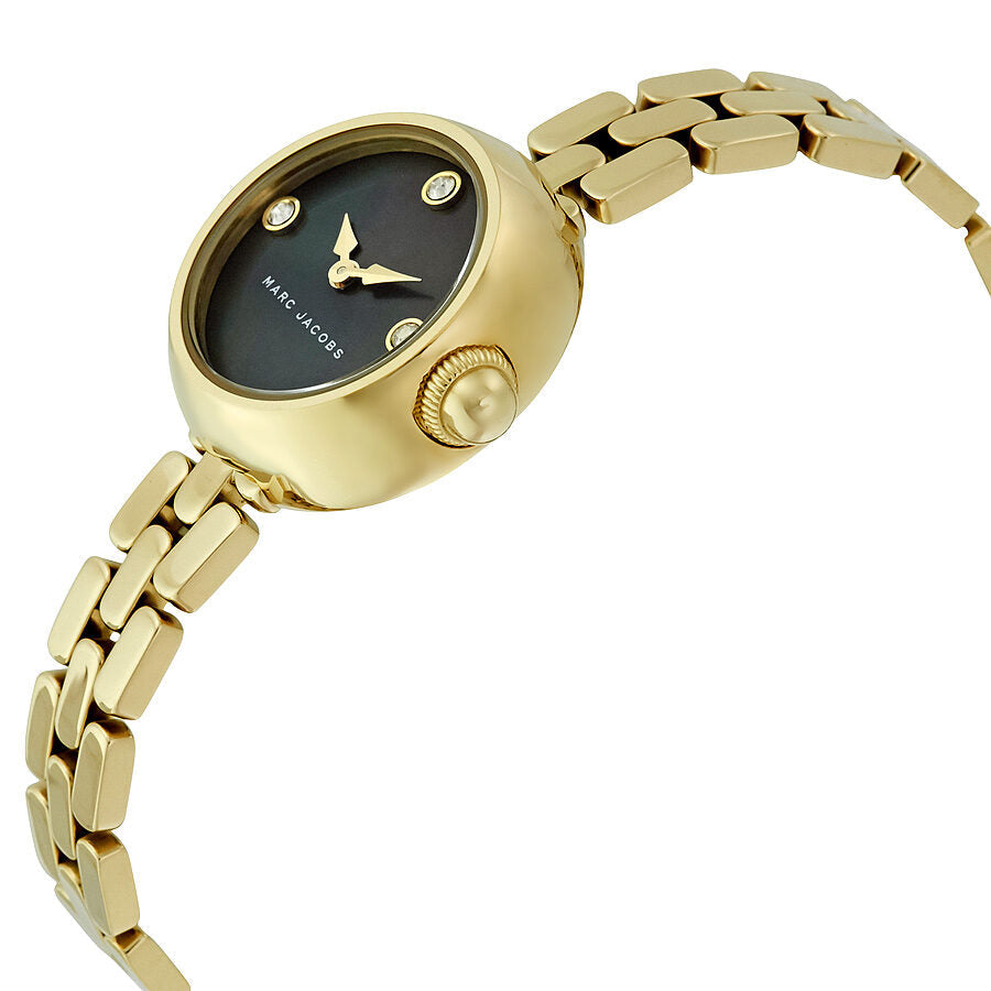 Marc Jacobs Courtney watch angle view showing gold case, crown, and black dial